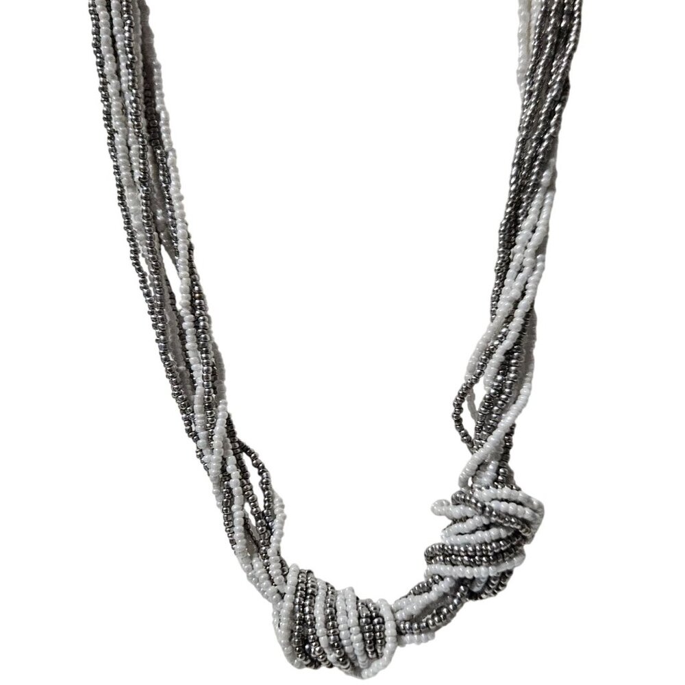 Elegant White Silver Seed Bead Multi Strand Knotted Necklace Fashion Jewelry